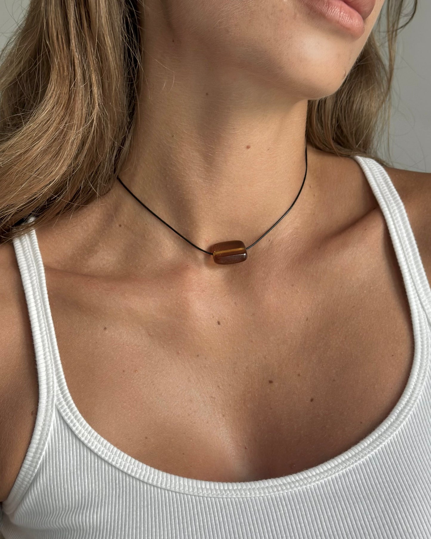 SMALL CLEAR BROWN GLASS RECTANGLE NECKLACE