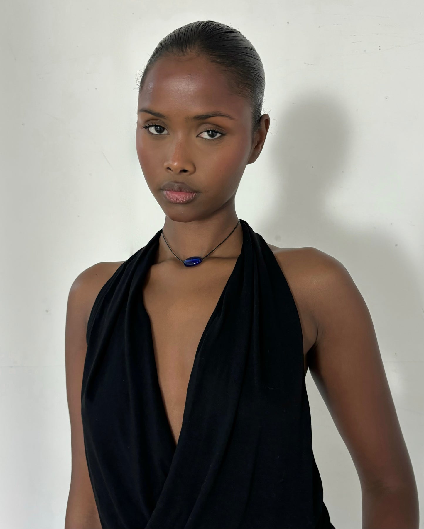 SMALL CLEAR BLUE GLASS OVAL NECKLACE