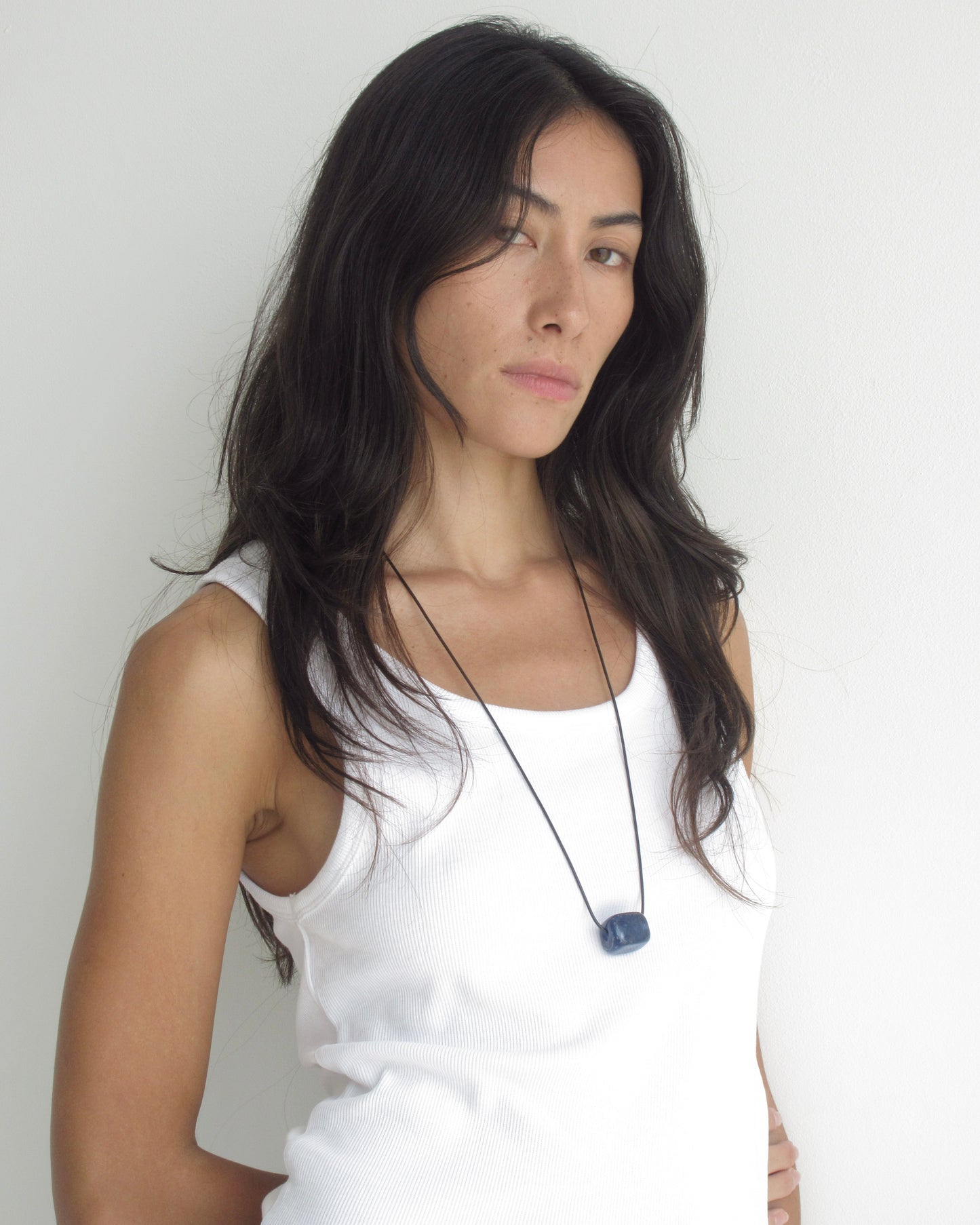 CLEAR BLUE GLASS CUBE LONG CORD NECKLACE