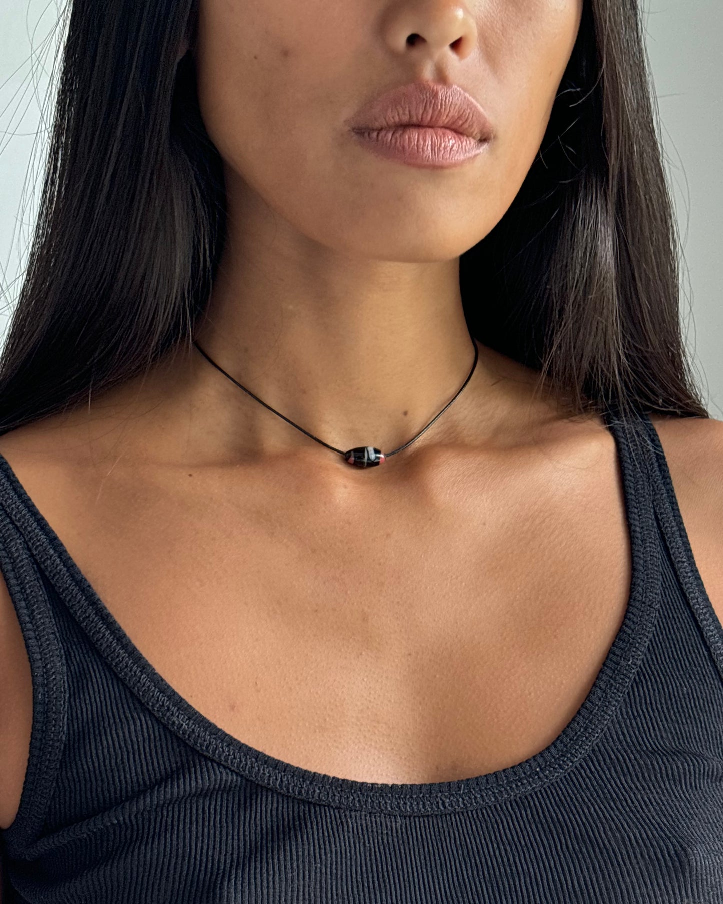 TINY RED / BLACK PAINTED GLASS BEAN NECKLACE