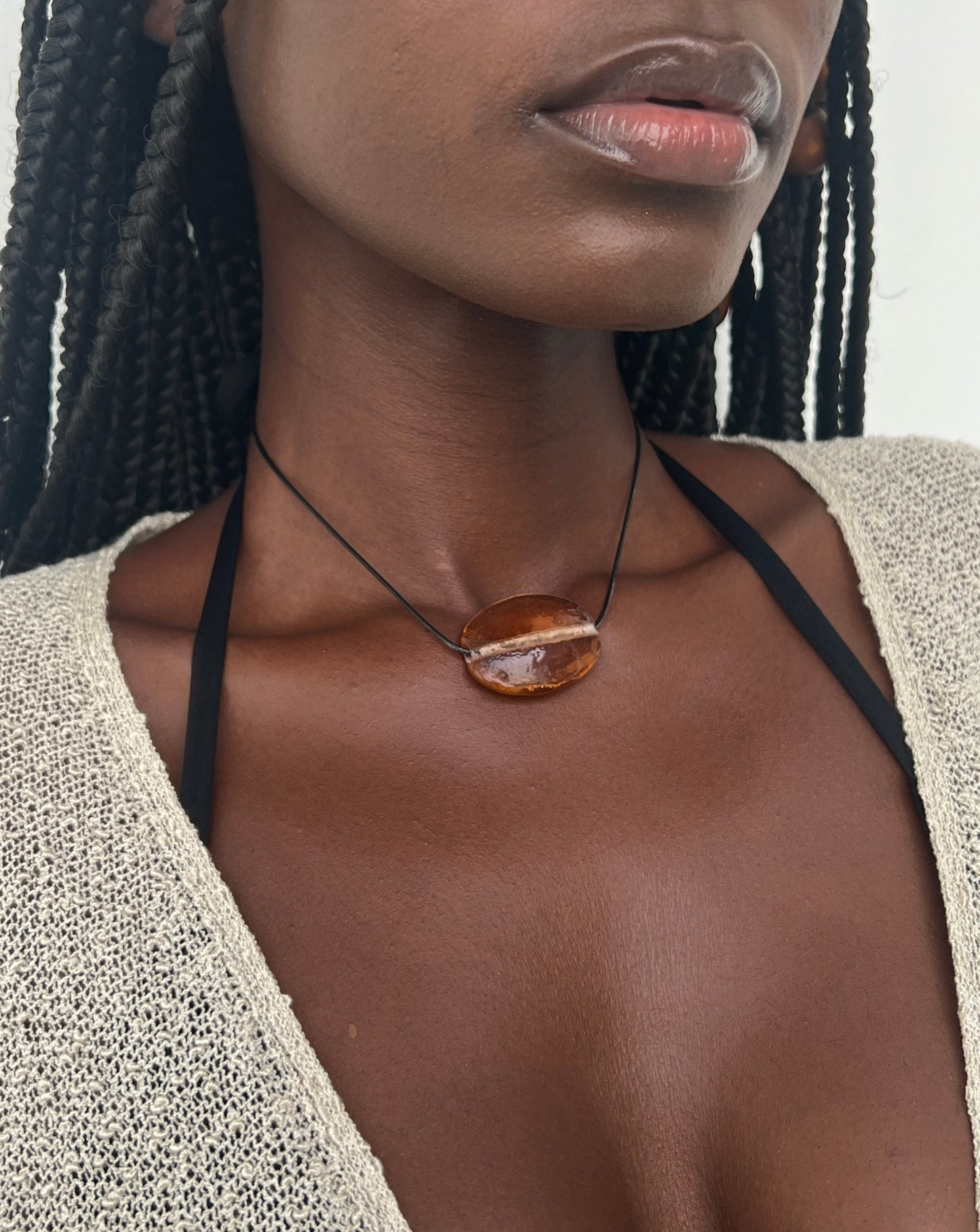 CLEAR PEACH GLASS OVAL NECKLACE