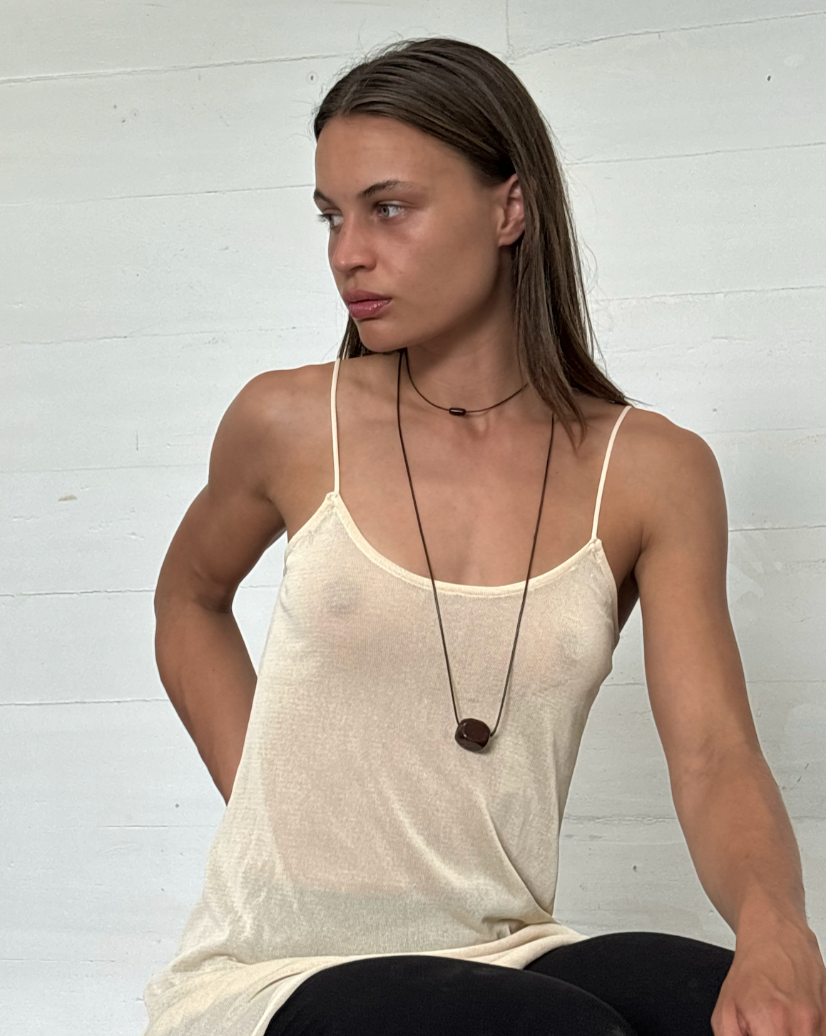 BROWN GLASS CUBE EXTRA LONG CORD NECKLACE