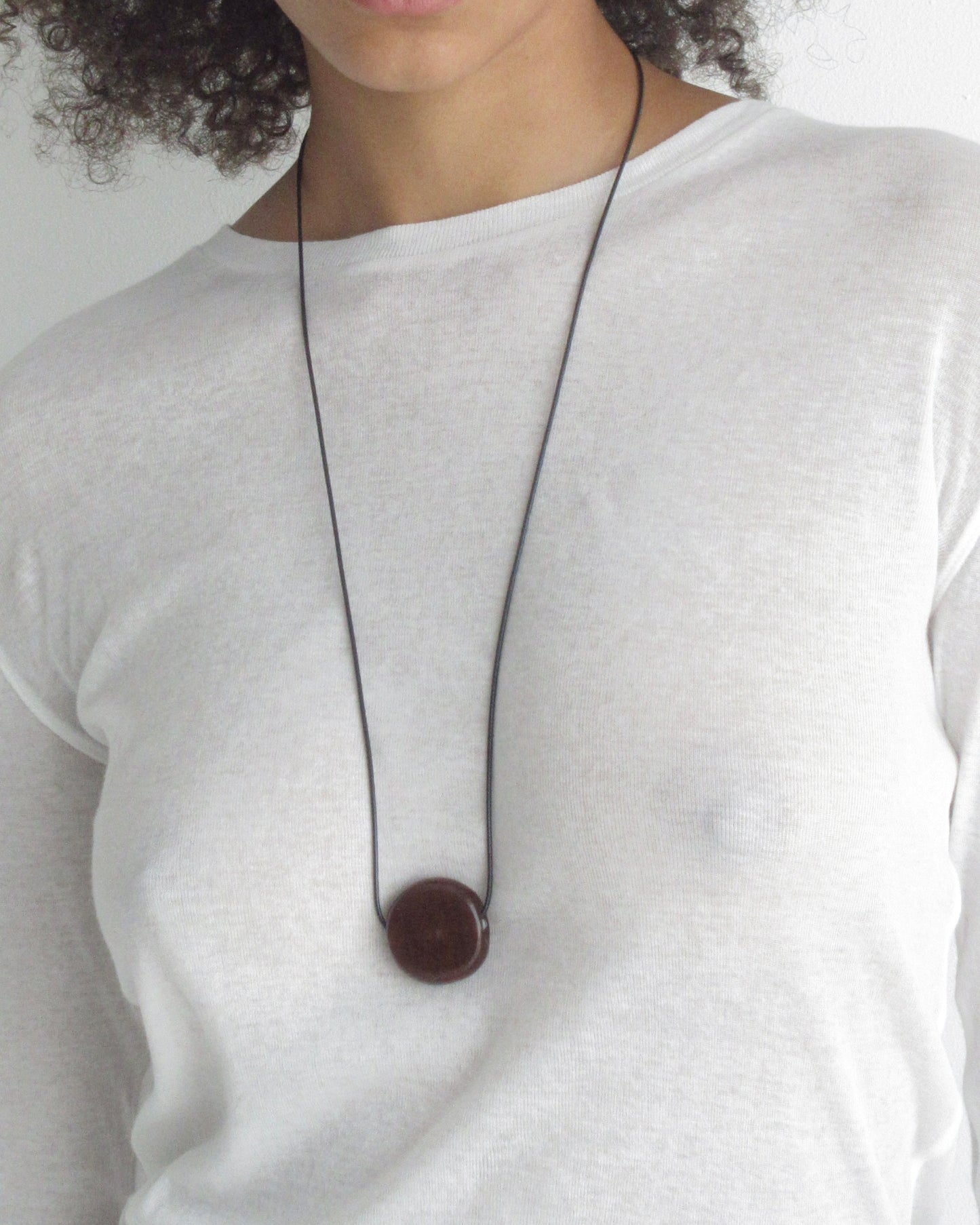 LARGE BROWN GLASS CIRCLE LONG CORD NECKLACE