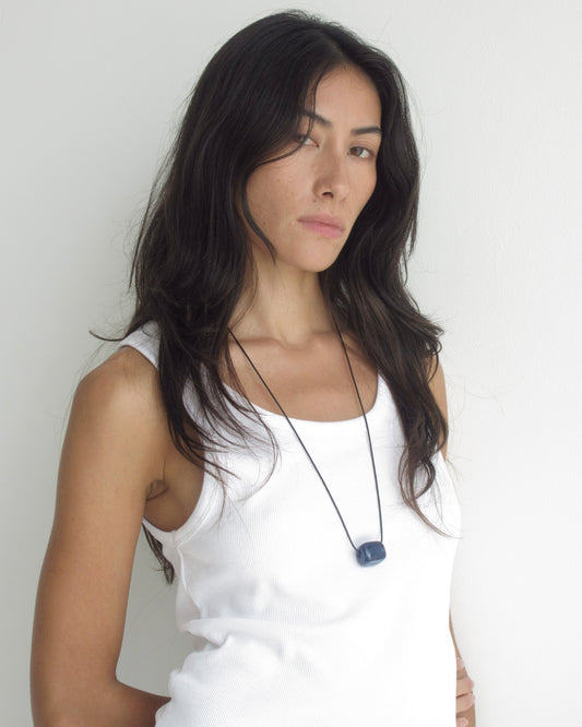 CLEAR BLUE GLASS CUBE LONG CORD NECKLACE
