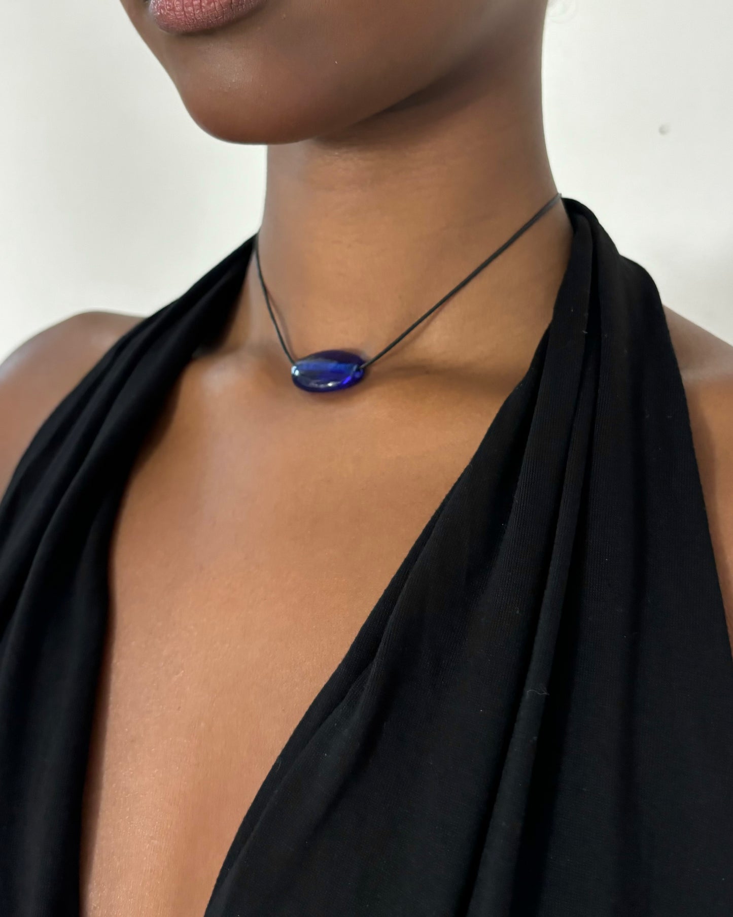 SMALL CLEAR BLUE GLASS OVAL NECKLACE