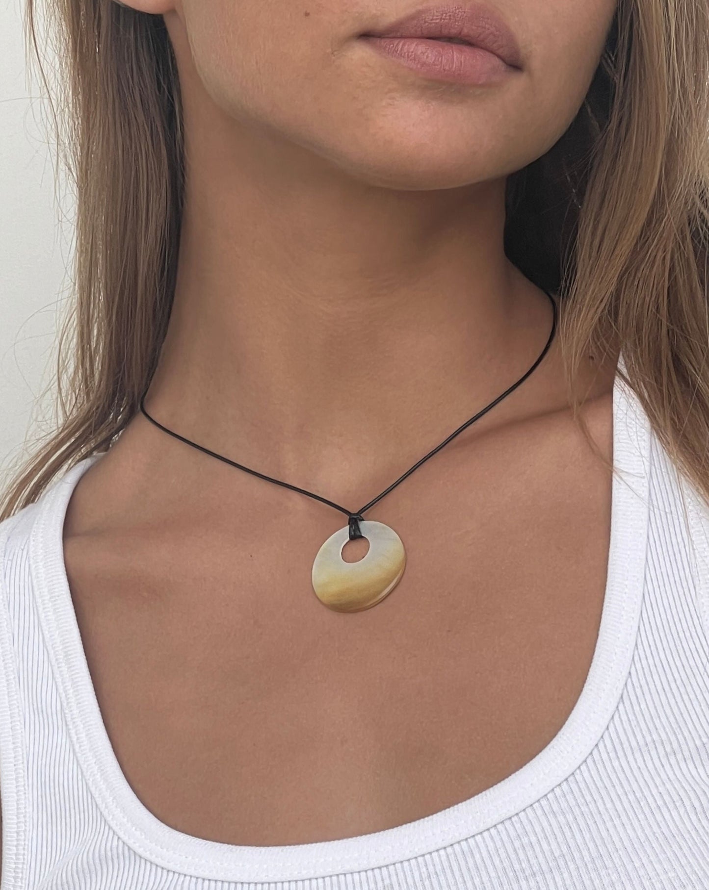 SMALL WARM MOTHER OF PEARL HOOP NECKLACE